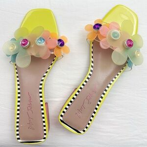 Betsey Johnson Alvinn Heeled Sandals Size 9.5 Floral Slides Block Heel Slip-on